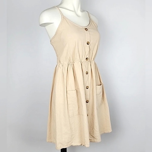 Zaful Women's Tan  Smocked Mock Button Cami Pocket Dress Size 8 - Picture 2 of 11